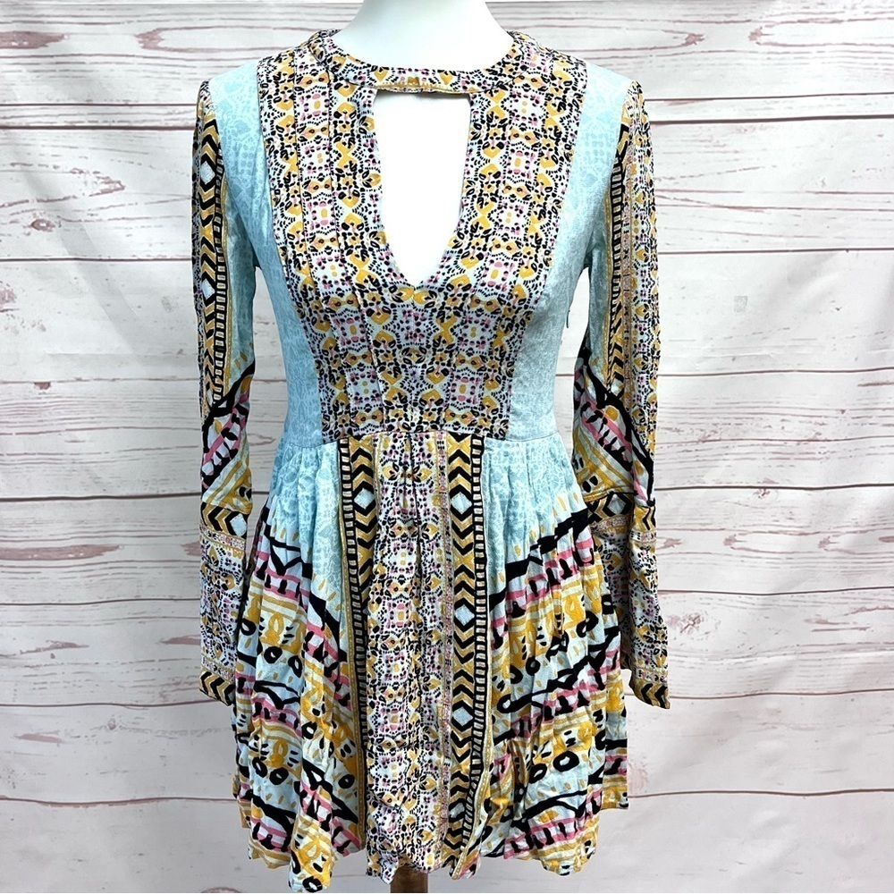 Free People Boho Cutout Tegan Border Printed Pocket Babydoll Dress
